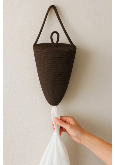 Poşetlik Halat İp El Dokuma Duvar Askılı Saklama Torbası Ev Düzenleme Aksesuarı Sepet 30 X 20 Cm Kahverengi