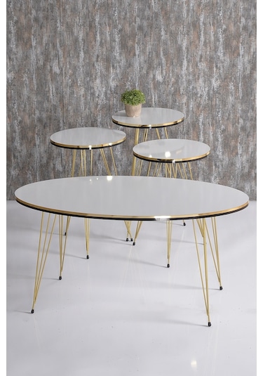 Zigon Sehpa Ve Orta Sehpa Elips Set Çift Gold Beyaz Tel Ayak