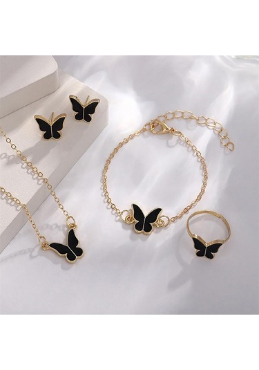 1set Moda Zarif Basit Çok Yönlü Kelebek Kolye Bilezik Küpe Yüzük Kadınlar Kızlar Düğün Partisi Takı Seti Hediye Siyah
