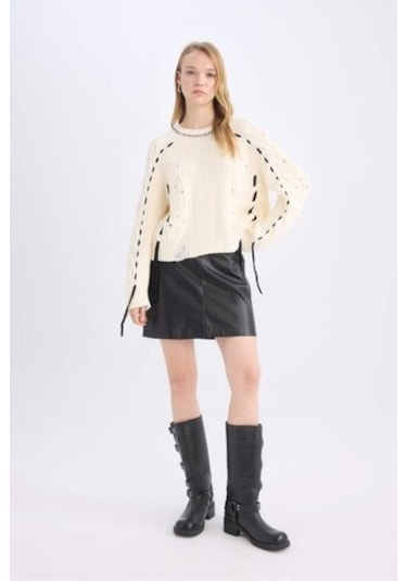 Defacto D3016ax24wnbk27 Coool A Kesim Yüksek Bel Suni Deri Kadın Mini Etek Siyah