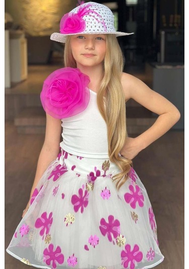 Riccotarz Kız Çocuk Tek Omuzlu Gül Detaylı Bluz Ve Jakar Desenli Fuşya Etekli Takım 001