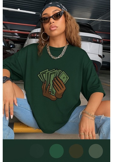 Unisex Siyah Oversize Baskılı Tshirt Yeşil