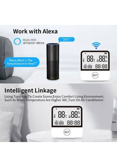 Supermarket1 Akıllı Wifi Sıcaklık Nem Sensörü - Dijital Ekranlı, Uzaktan Algılayıcı, Alarmlı