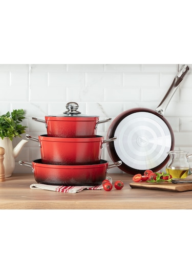 Madame Coco Titanium Professional Tencere Seti 7 Parça 1ktncr014118-22-26-26cm-kırmızı