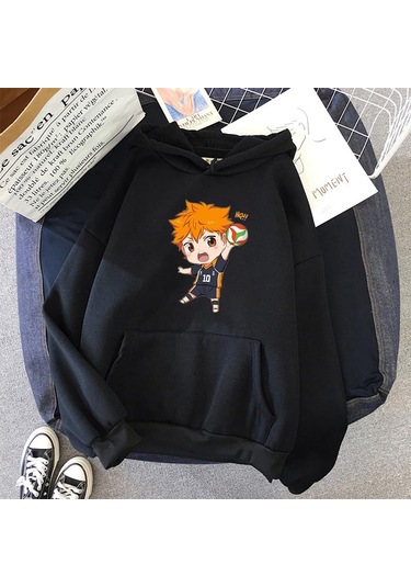 Kadın Moda Voleybol Manga Haikyuu Kapşonlu Harajuku Kawaii Kazak Sweatshirt Karikatür Baskı Anime Estetik Kapşonlu Sokak Giyimi Üst Siyah