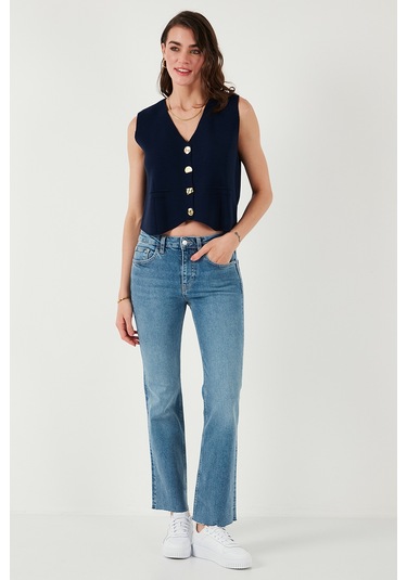 Lela Standart Fit V Yaka Düğmeli Triko Bayan Yelek 4616177 Lacivert