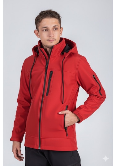 Suya Dayanıklı Slim Fit Softshell Kapüşonlu Erkek Mont Kırmızı