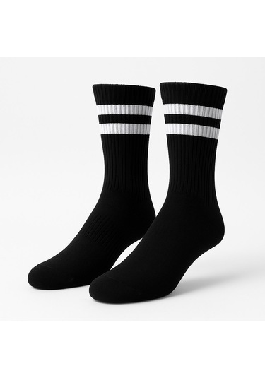 Erkek Spor Çorap 2 Lü Set Pamuklu, Esnek, Çizgili Model Siyah Gri Gri - Siyah