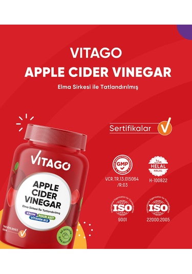 Vitago Apple Cider Vinegar Elma Sirkesi İle Tatlandırılmış Krom, B12 Vitamini Ve Folik Asit İçeren 60 Adet Çiğnenebilir Gummies Form Takviye Edici G