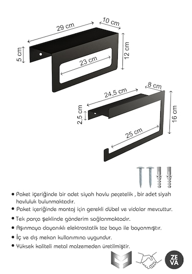Siyah Duvara Monte Havluluk & Peçetelik Modern&dayanıklı 2'li Set Siyah