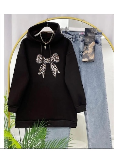 Lovie Moda Kadın Leopar Fiyonk Baskılı Sweatshirt Kahverengi