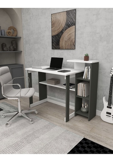 Enda Home Saye 5 Raflı Kitaplıklı Çalışma Masası Antrasit - Beyaz Koyu Gri - Beyaz