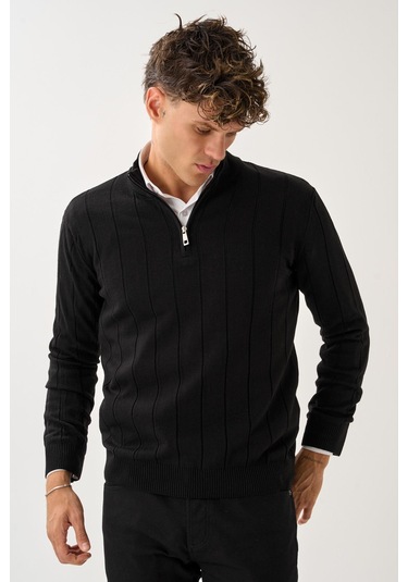 Dikey Dokuma Desenli Fermuarlı Triko Kazak Siyah