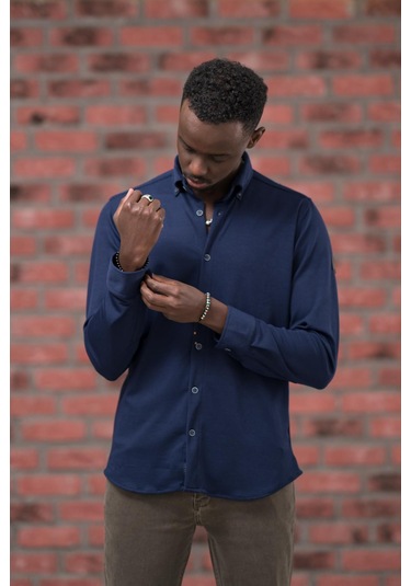 Advante İnce Fitilli Full Likralı Yaka Düğmeli Mevsimlik Slimfit Gömlek Lacivert