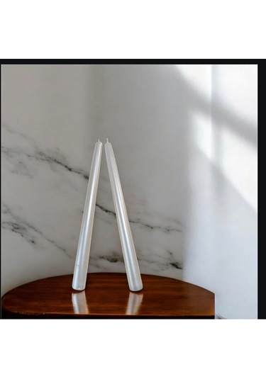 Denic 2 li Metalik Inci Beyaz Şamdan Mum Konik Mum