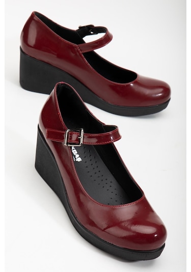 Baretli Suni Deri Bordo Rugan Kadın Dolgu Taban Ayakkabı-3102-bordo