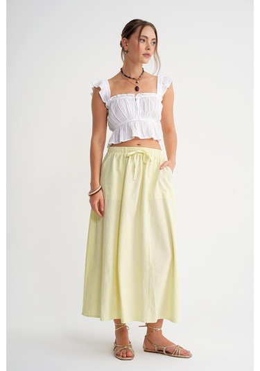 4633 Kadın Yandan Cepli Parçalı Etek Sarı Sarı