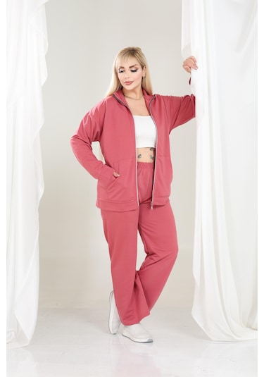 Kadın Büyük Beden Fermuarlı Uzun Kollu Rahat Günlük Eşofman Takım Pembe