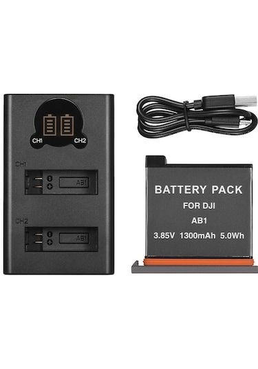 Pazly Çift Portlu Lcd Şarj Kiti - Djı Osmo Action İçin 1300mah Pil Ve Hızlı Şarj