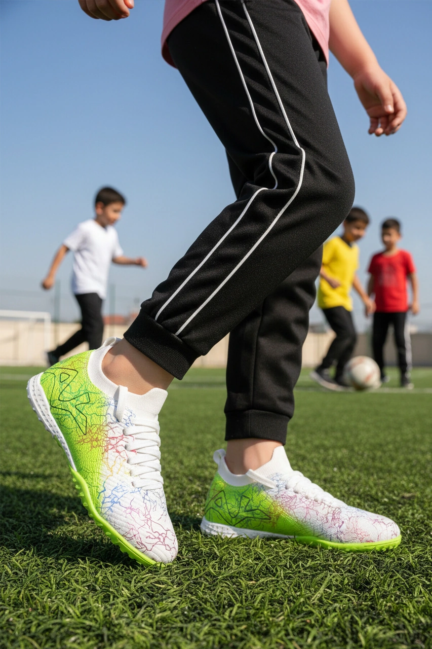 Beyaz Yeşil Bilekten Çoraplı Erkek Çocuk Halı Saha Ayakkabısı Fh-252-153 F Beyaz-neon Yeşil