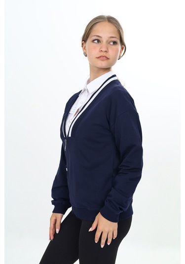 Toontoy Kız Çocuk Lacivert V Yaka Fermuarlı Tek Cepli Düşük Omuz Örme Okul Hırkası - 2 İplik Lacivert