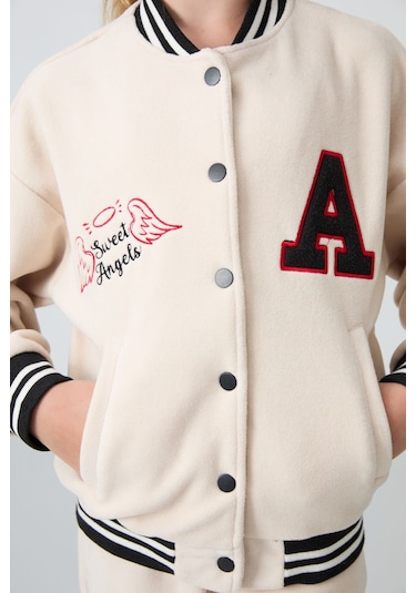 Tommy Life Bej Kalın Yumuşak Dokulu Standart Fit Nakışlı Polar Kız Çocuk Kolej Ceket - 75156 Bej