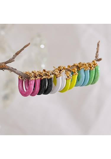 Siyah Eetit 6 Renk Şeker Renkli Emaye Paslanmaz Çelik U Şekli Içi Boş Küçük Halka Küpe Sevimli Şık Trendy Takı Hediye 2023 Siyah