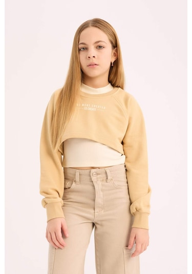 DeFacto Kız Çocuk Bisiklet Yaka Baskılı 2'li Sweatshirt D9442A825SPBG203 Bej