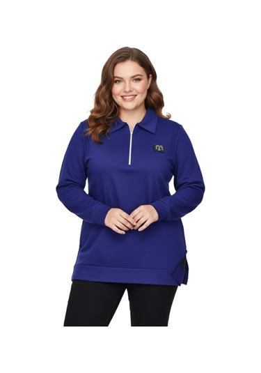 Caftan Kadın Polo Yakalı Önü Fermuarlı Bluz Bgl-st05088 İndigo