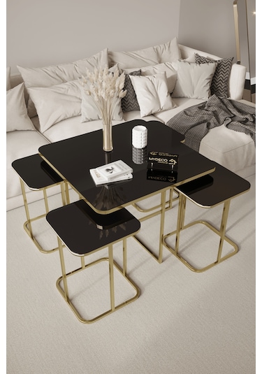 4+1 Gold Kaplama Siyah Ayna Radüslü Orta Sehpa