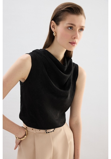 Sateen Degaje Yaka Bluz - Siyah-136752 Siyah