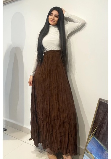 Etk004 Beli Lastikli Buruşuk Mikro Uzun Kadın Etek Kahve