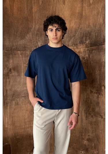 Hyman Erkek %100 Pamuk Oversize Basic T-shirt İndigo