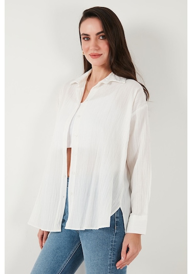 Lela Regular Fit Uzun Kollu Dokulu Bayan Gömlek 6772799 Beyaz