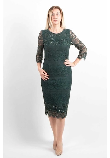 Ezze Kadın Büyük Beden Taş İşlemeli Dantel Abiye Elbise 2280 Yeşil Yeşil
