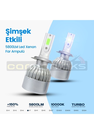 H7 Buz Mavi C6 Led Xenon Far Ampulü Şimşek Etkili 5800LM