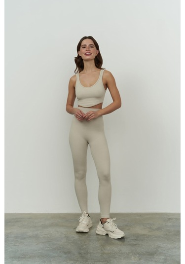 Jade Bej Dikişsiz Fitilli Tayt Bej