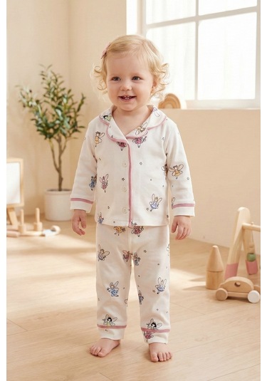 Babymod Bebe Yaka Önden Düğmeli Melek Desenli Kız Bebek Pijama Krem