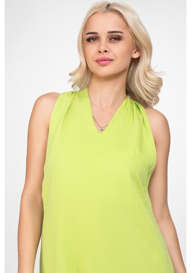 Bold & Young Kadın V Yakalı Cepli Pamuklu Kumaş Elbise Lime Yeşil