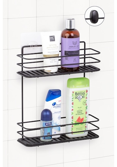 Ömür Boyu Paslanmaz Yapışkanlı Banyo Düzenleyici Şampuanlık 2 Katlı Duş Rafı Siyah