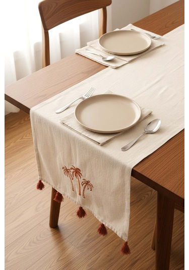 Palmiye Nakışlı Buldan Kumaş Runner 50x130 Cm Krem