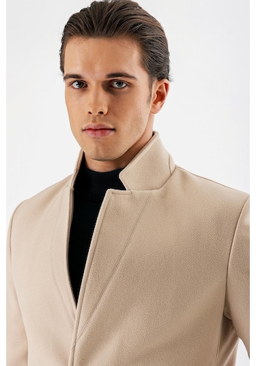 Açık Bej Kaşe Dik Yaka Astarlı Slim Fit Dar Kesim Casual Mont 1007235170-Açık Bej