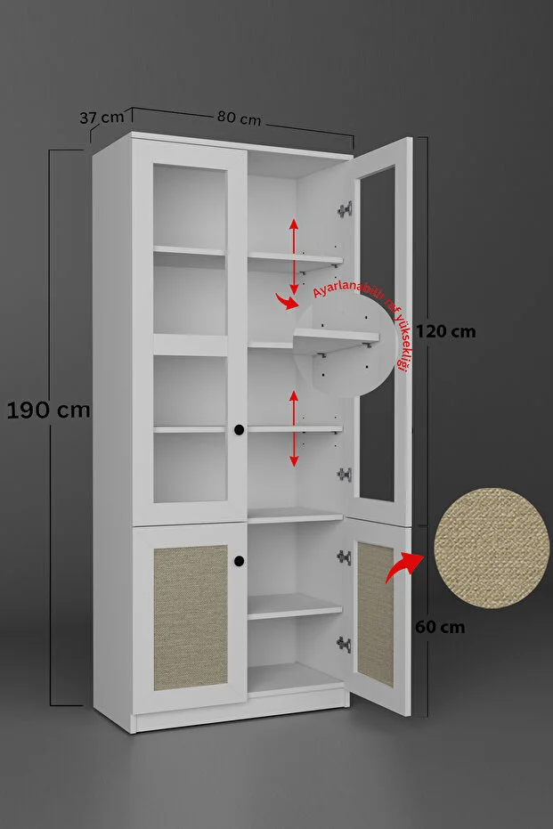Lisa Kumaş Desenli 4 Kapaklı Beyaz Vitrin - Kitaplık Ve Çok Amaçlı Dolap Beyaz