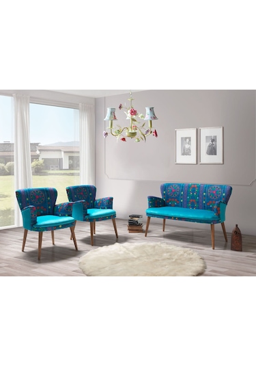 Azra Mobilya - Roma Çay Seti Koltuk Takımı - Etnik Desen Kumaş - Ahşap Demonte Ayak Etnik Desen - Turkuaz