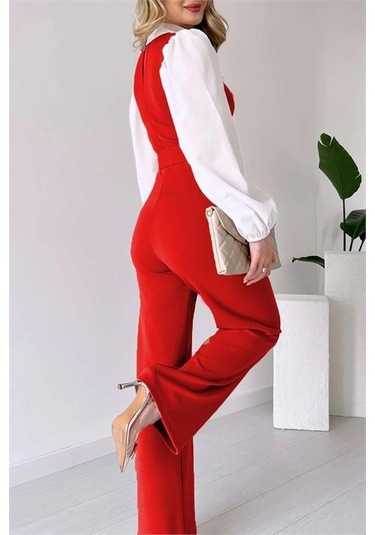 Kadın Kemerli Kol Ve Yaka Detaylı Tulum Dpnbk2063 Kırmızı