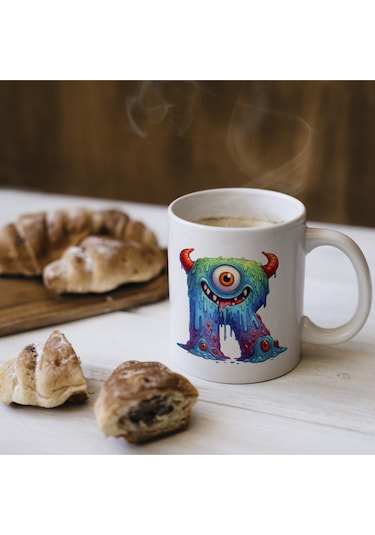 R Harfi Bardak, Sevimli Canavarlar Harflı Bardak Hediyesi Porselen Beyaz