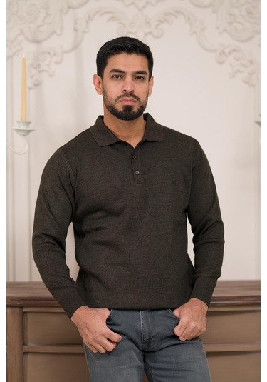 Woolen World Polo Yaka Düz Renk Yünlü Erkek Triko Kazak Kahverengi