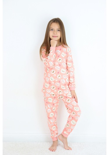 Kız Çocuk Orta Kalınlıkta Basic Baskılı Pijama Takımı Somon