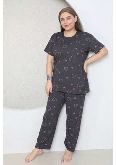 Fames Pijama Büyük Beden Pembe Kalp Desenli Pijama Takim Koyu Füme