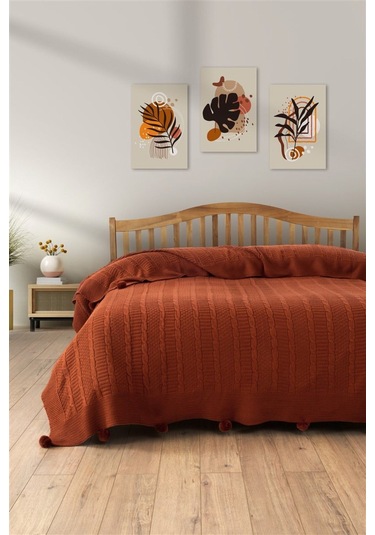 Çift Kişilik Ponponlu Triko Örme Battaniye Kiremit